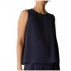 Eileen Fisher Silk Georgette Crepe Round Neck Tank Navy